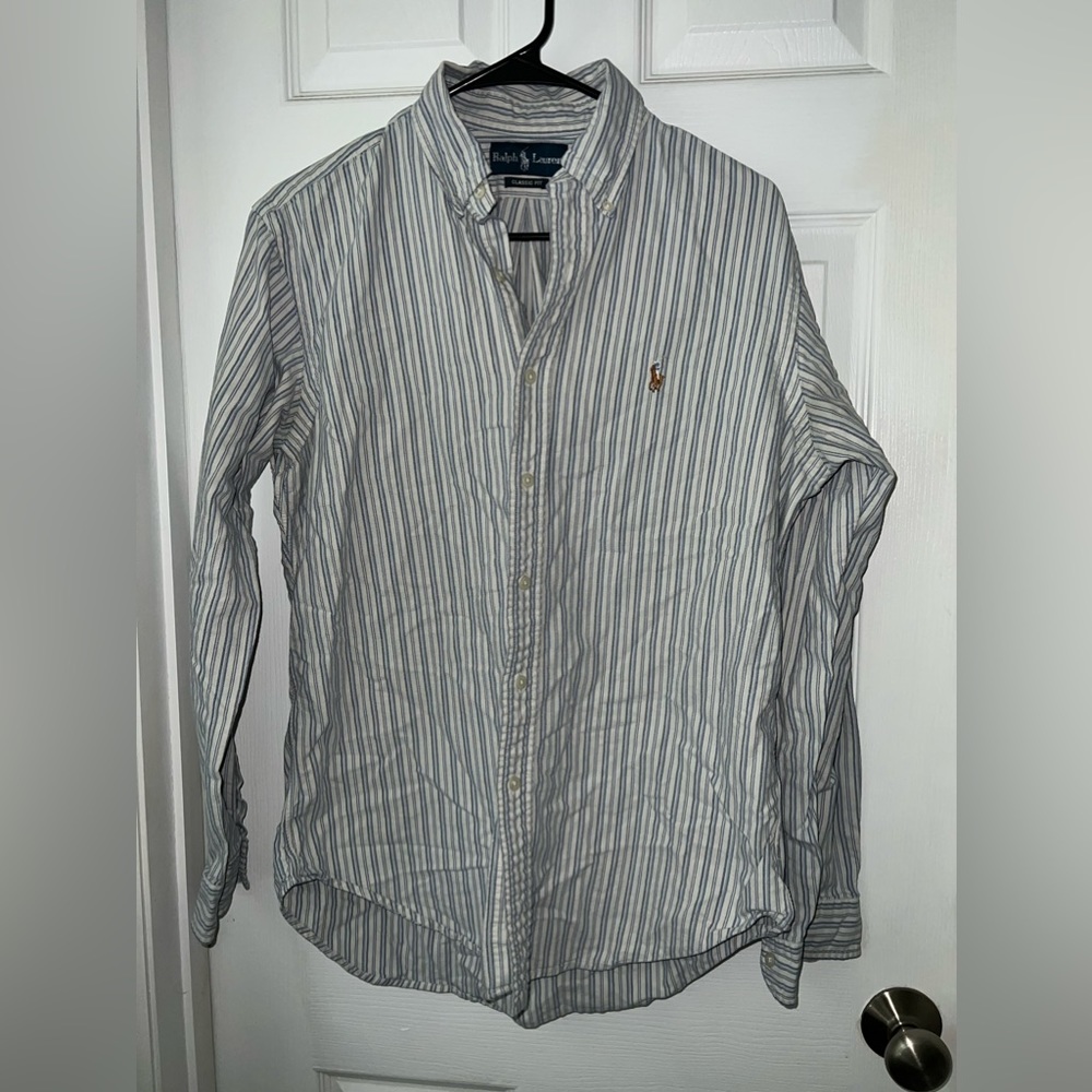 Ralph Lauren Long Sleeve Button Up Men’s Medium Blue Striped Shirt